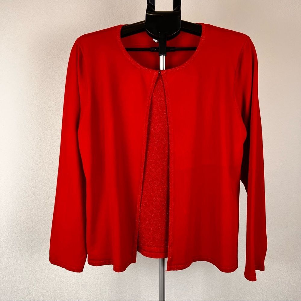 John Paul Richard Red Shimmer Open Cardigan Overlay Top Size XL Career Teacher